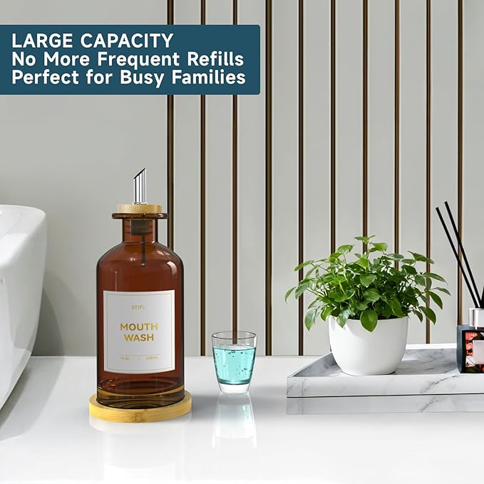 Amber Glass Mouthwash Dispenser for Bathroom Countertop – 14oz/410ml Refillable Mouthwash Bottle with Stainless Steel Pour Spout & Bamboo Tray, Modern Decor for Office, Airbnb, Gym (Amber)