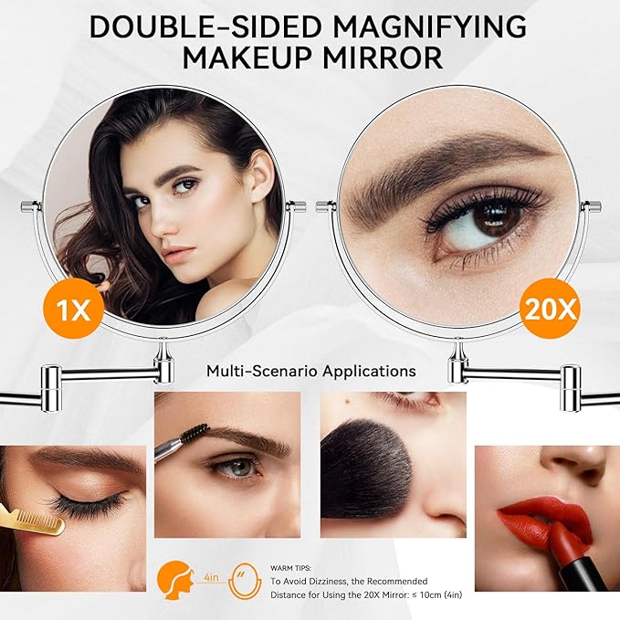 Auxmir 1X/20X Wall Mounted Makeup Mirror, 8'' Double Sided Magnifying Mirror with Tweezers, Bathroom Makeup Mirror, Cosmetic Vanity Mirror with 360 Rotation Extendable Swivel Arm, Chrome