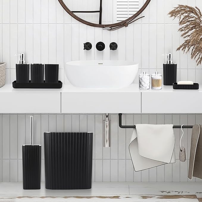 XLHOMO Bathroom Accessories Set - Gorgeous Bathroom Set, 10PC Black Bathroom Accessory Set, Toilet Brush, Trash Can, Qtip Holder & Soap Dispenser