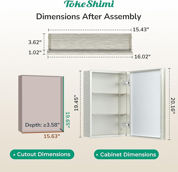TokeShimi 16 x 20 Medicine Cabinet with Mirror, Assembly Required, Brushed Nickel Bathroom Recessed Medicine Cabinet with Mirror, Stepless Adjustable Shelves, Beveled Aluminum Frame, DTC Hinge