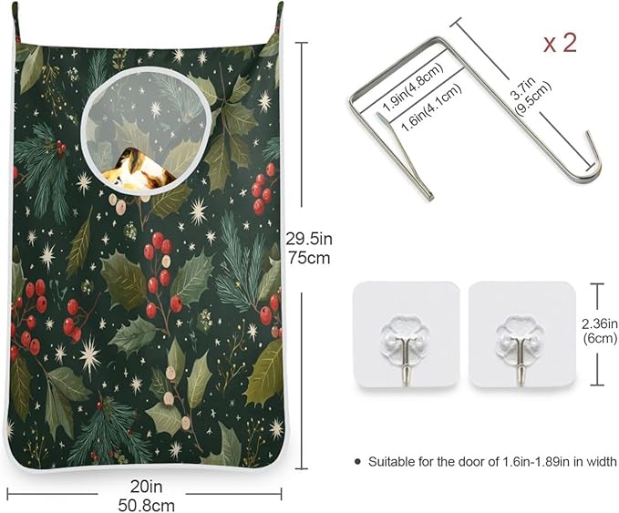 Green Christmas Holly Berries Pine Needles Leaves Hanging Laundry Hamper Door Hampers Bag Basket with Stainless Steel Hooks Oxford Fabric Printing Decorative Clothes Bags 29.5X20inch 2Pack