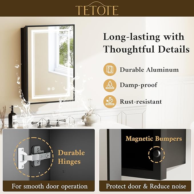 TETOTE 24 x 30 Black Led Lighted Medicine Cabinet Mirror with 3-Color Lights, Wall Mount or Recessed Cabinet Mirror for Bathroom with Storage, Tempered Glass, 2 Outlets, Anti-Fog, Adjustable Shelf