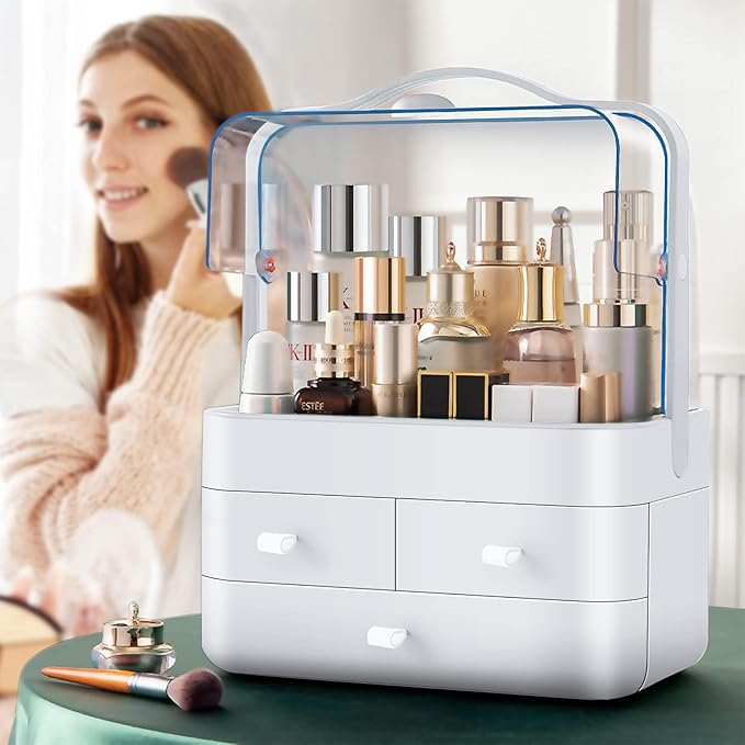 Skin Care Organizer Dustproof, Make Up Organizers and Storage with Lid, Skincare Organizers Preppy, Makeup Storage Box & Cosmetic Storage Box Waterproof for Vanity Countertop_White