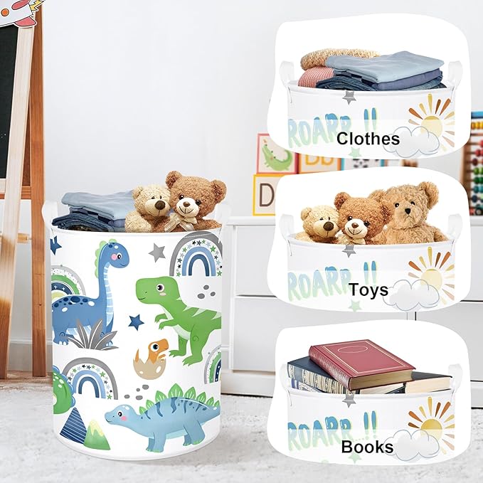 Dinosaur Laundry Hamper Large Storage Basket Cartoon Dino Collapsible Parents Organizer Kids Toy Clothes Bins for Bedroom, Bathroom, Palms, 63L