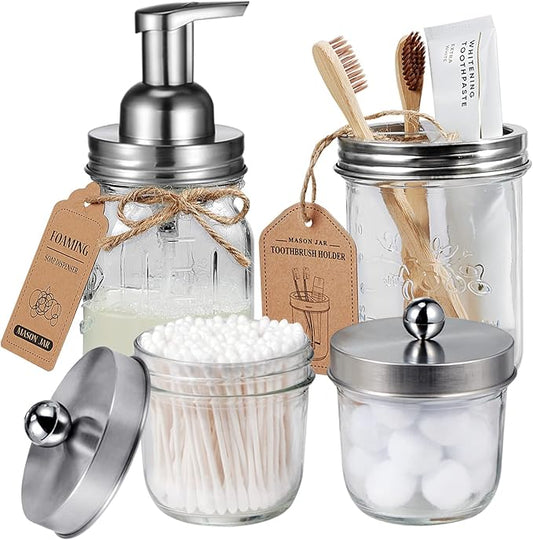 Amolliar Mason Jar Bathroom Accessories Set(4 Pack) - Foaming Soap Dispenser&Qtip Holder &Toothbrush Holder-Rustic Farmhouse Decor Bathroom Organizer Apothecary Jar Country Countertop (Brushed Nickel)