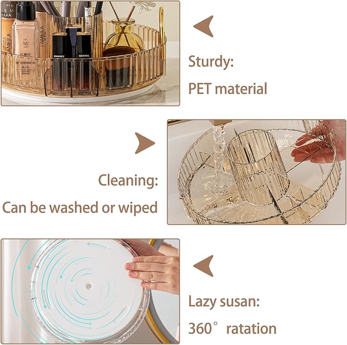 shuang qing Rotating Makeup Organizer for Vanity, High-Capacity Skincare Clear Make Up Storage Perfume Organizers Cosmetic Dresser Organizer Countertop 360 Spinning (Gold, New-3 Tier)