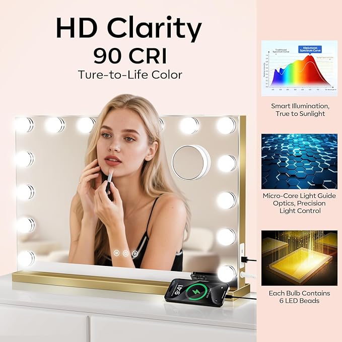 Hollywood Vanity Mirror with Lights, Lighted Makeup Mirror with 15 Dimmable Bulbs, 3 Color Lights, 10X Magnifier, USB/Type-C Charging, Metal Frame, Gifts for Women, Gold (23" W x 18" H)