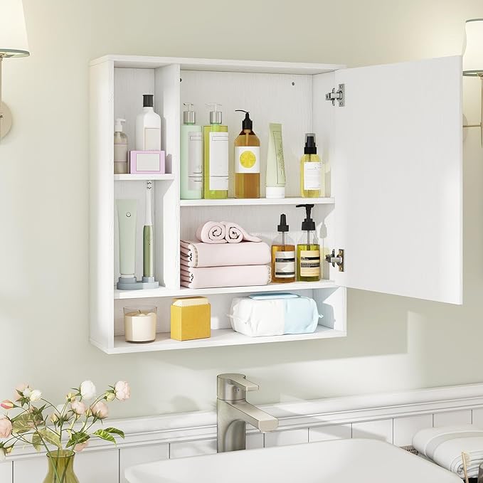 Giantex Bathroom Medicine Cabinet with Mirror, Wall Mounted Medicine Cabinet w/Single Door, 3 Open Shelves & Adjustable Shelf, Space-Saving Hanging Storage Cabinet for Living Room, Hallway (White)