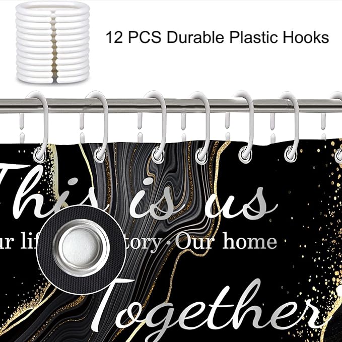juwute 4Pcs Family Marble Shower Curtain Sets with Rugs,Black Home Inspirational Bathroom Decor Set, Bathroom Sets with Shower Curtain and Rugs, Waterproof Bathroom Shower Curtains, with 12 Hooks