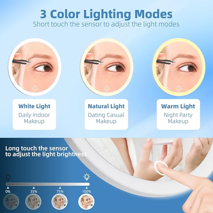 30X Concave Magnifying Mirror with Lights, 3-Color Light Adjustable Brightness, 6inch Travel Magnified Mirror with Suction Cups, Large 30x High Makeup Magnification and Tweezers