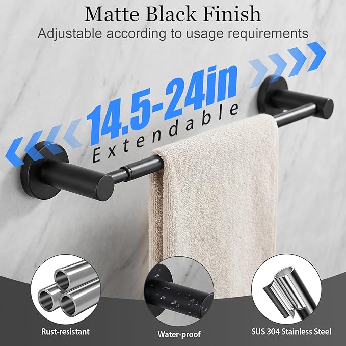 10-Pieces Matte Black Bathroom Accessories Set,Adjustable 14.5-24 Inch Bath Towel Bar Set, SUS 304 Stainless Steel Bathroom Hardware Set, Towel Racks for Bathroom Wall Mounted