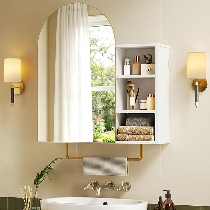 RALGEND Bathroom Arched Medicine Cabinet with Mirror, Modern Bathroom Wall Mounted Mirrored Cabinet with Adjustable Shelves and Storage, White and Gold