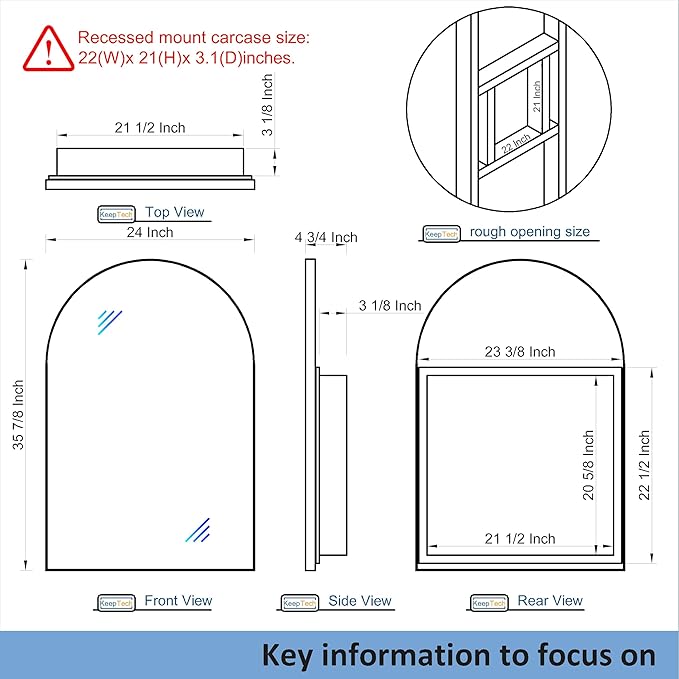24" WX36 H Farmhouse Framed Medicine Cabinet with Mirror, Matte Gold Finish, Recessed or Surface Mount, Adjustable Shelves, Arched Cabinet Door, Arched Shape, Easy to Install, 24x36 Cabinet