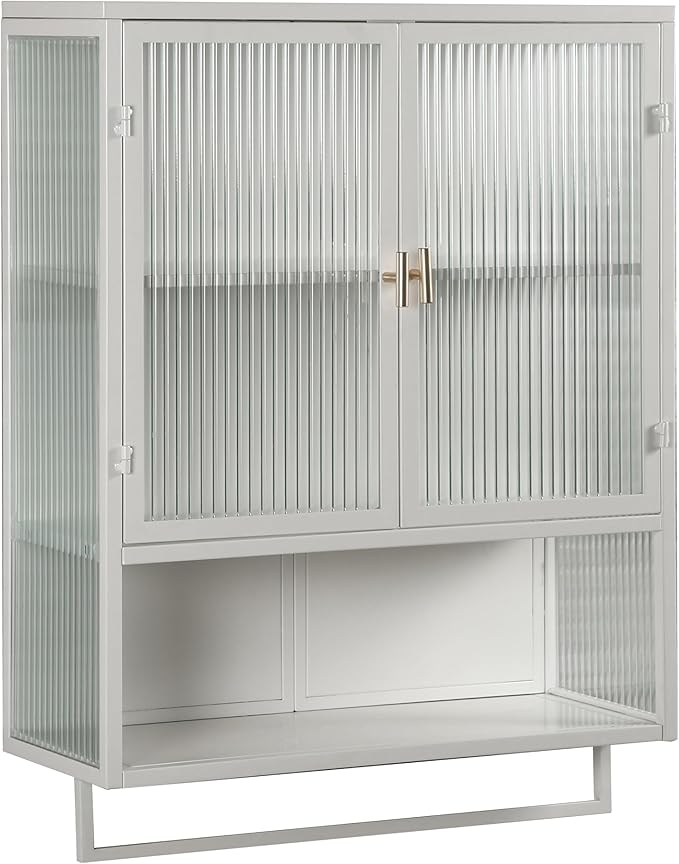 23.62"Glass Doors Modern Two-door Wall Cabinet with Two-tier Enclosed Storage, an Open Shelf, and Towel Rack, for Entryway Living Room Bathroom Dining Room Bathroom Cabinet Kitchen (White4)