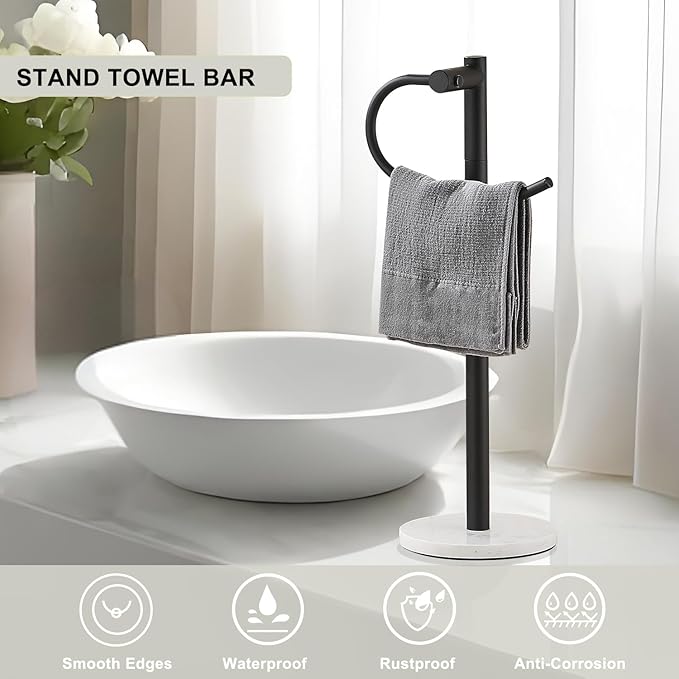 Modern Hand Towel Holder Stand, Freestanding Design with Marble Base,Good Decorating and Using in Bathroom or Kitchen to hange Hand Towel on Vanity countertop,Towel Rack (Black)