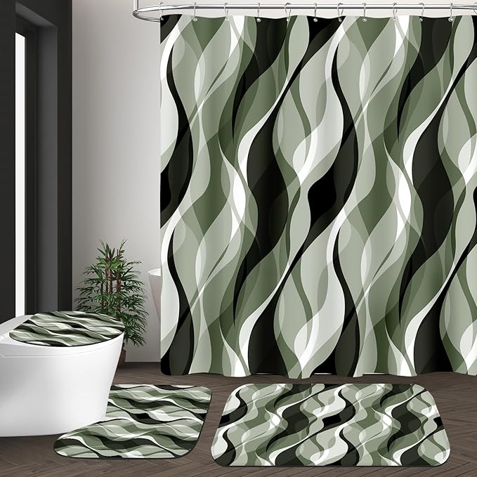 4PCS Sage Green Abstract Shower Curtain Sets with Rugs, Modern Striped Bathroom Sets with Shower Curtain and Rugs, Luxury Bathroom Curtains Shower Set with Toilet Lid Cover