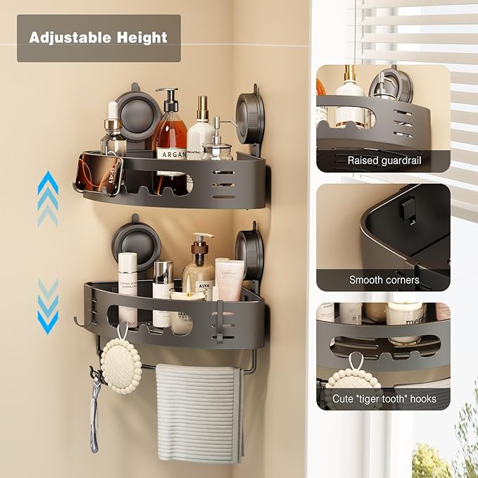 Voldra Corner Shower Caddy Suction Cup, Aluminum Corner Shower Shelves for Wall No Drilling, Large Suction Cup Shower Organizer with Towel Bar & Hooks Removable Bathroom Storage Rack(1 Pack-Gray)