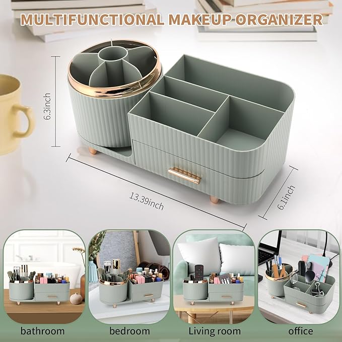 Beborxue 360?? Rotating Makeup Organizer for Vanity with Drawers, Large Capacity Cosmetic Display Case, skincare organizer, Cosmetic Organizer for Lipstick, Skincare, Brushes, Eyeshadow, (Green)