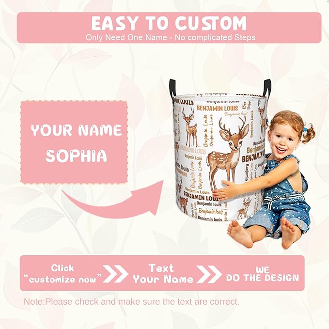 ZOE DAVISON Custom Deer Laundry Baskets, Personalized Deer Gifts with Customized Name, Collapsible Laundry Hamper for Kids Adults Home Decoration,16.5 X 13.8in