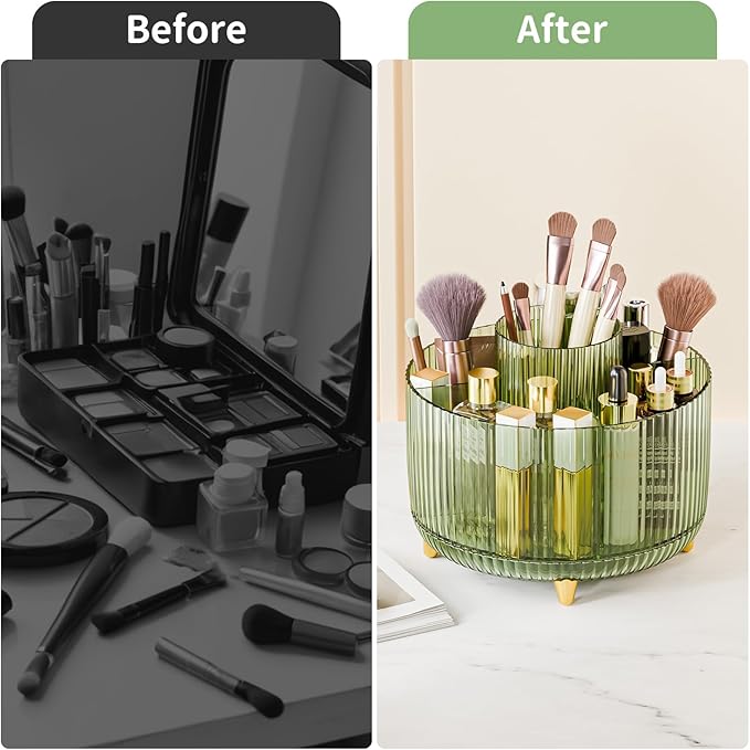 Clear Rotating Makeup Organizer Countertop for Vanity, 360?? Makeup Brush Holder Organizer with 5 Compartments, Transparent Cosmetic Storage for Lipstick, Skincare, Bathroom Counter(Transparent Green)