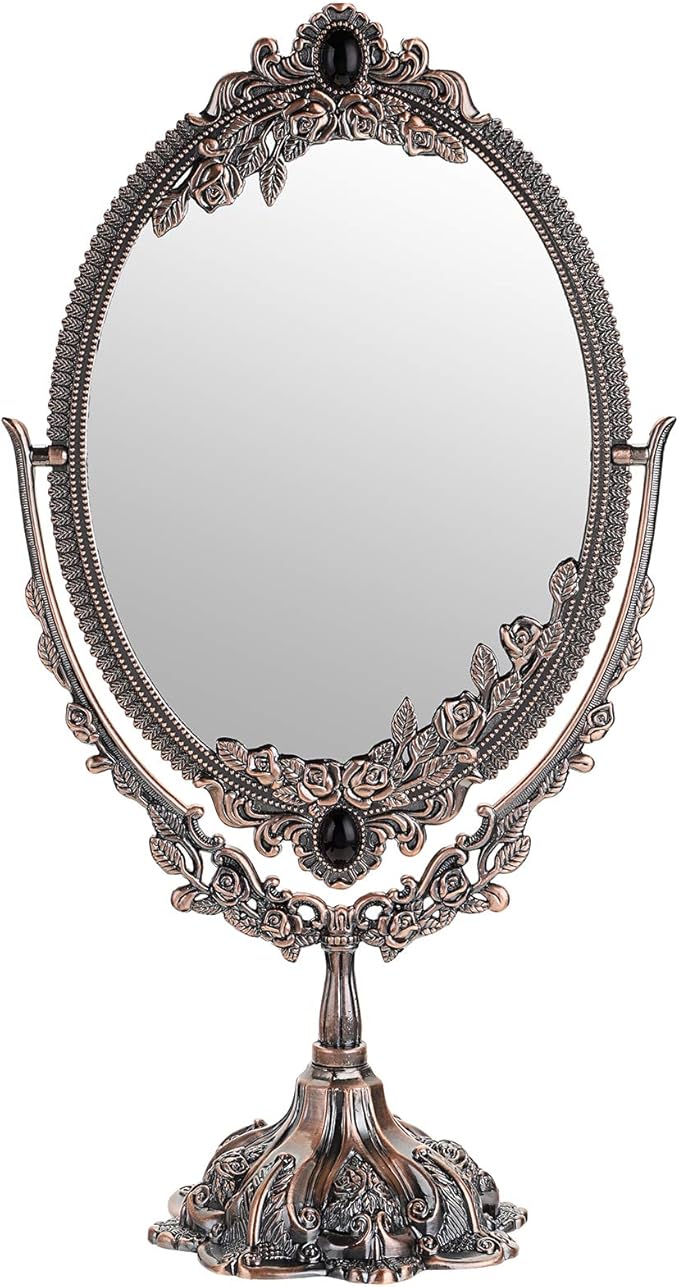 JUXYES Metal Tabletop Antique Decorative Makeup Mirror with Stand, Vintage Swivel Double Sided Cosmetic Mirror with Frame, Retro Desktop Oval Dressing Mirror for Bathroom Bedroom