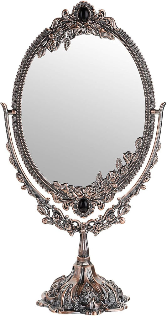 JUXYES Metal Tabletop Antique Decorative Makeup Mirror with Stand, Vintage Swivel Double Sided Cosmetic Mirror with Frame, Retro Desktop Oval Dressing Mirror for Bathroom Bedroom