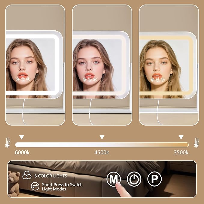 Ratsamee Vanity Mirror with Lights 14"×12", Led Makeup Mirror, Lighted Makeup Mirror with 3 Color Dimmable Lights, Smart Touch Screen Control, 360°Rotation