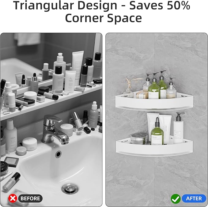 Wisfame Aluminium Shower Corner Shelves - Rustproof Shower Caddy No Drilling Installation Shampoo Holder, White Shelves for Wall for Bathroom Storage,Holds 20LB
