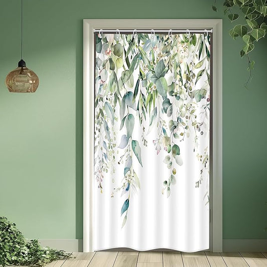 Riyidecor Small Stall RV Eucalyptus Shower Curtain for Bathroom Decor 36Wx72H Single Half Narrow Green Leaves Plants Watercolor Botanical Art Printed Fabric Polyester Waterproof 7 Pack Plastic