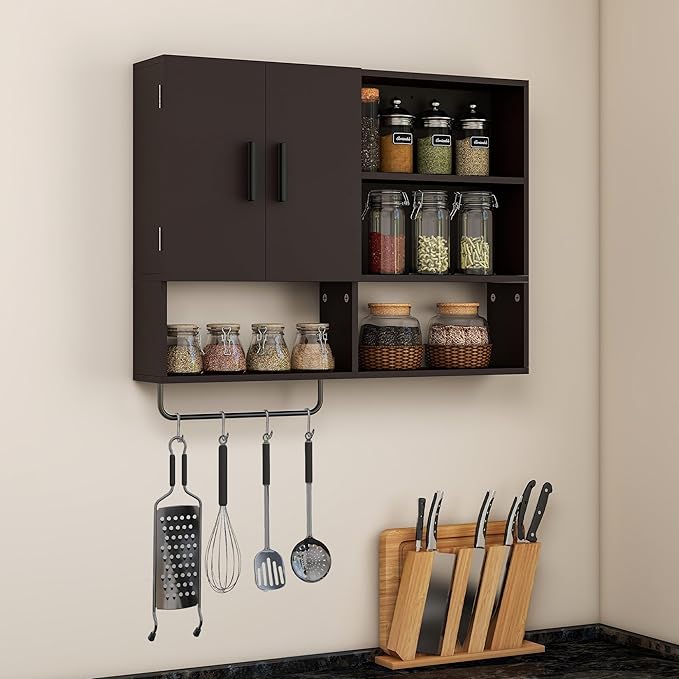 Medicine Cabinet, Wooden Bathroom Wall Cabinet with 2 Doors, Adjustable Shelves & Towel Bar, Over Toilet Storage Cabinet Wall Mounted for Kitchen & Laundry, Espresso