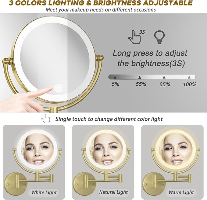 Lighted Makeup Mirror 10x Magnification Wall Mount, Hard Wired Double Sides 3 Color Lighting Touch Dimming, 360 Swivel Extended Arm Shaving Mirror for Bathroom, Satin Brushed Gold