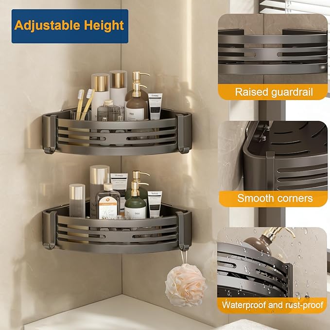 Corner Shower Caddy, No-Drilling Adhesive Shower Shelves with Hooks, Waterproof & Rustproof Removable Shower Organizer for Bathroom Kitchen