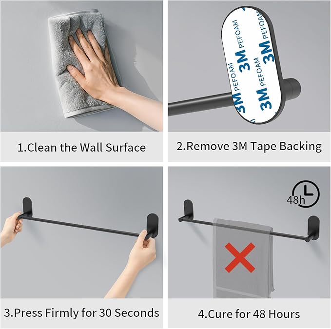 Self Adhesive Towel Bar for Bathroom 24ich Stainless Steel and Zinc Alloy No Drill Towel Rack Heavy Duty Hanger Stick On Hand Towel Holder for Kitchen, Cabinet, Door, Shower, Matte Black