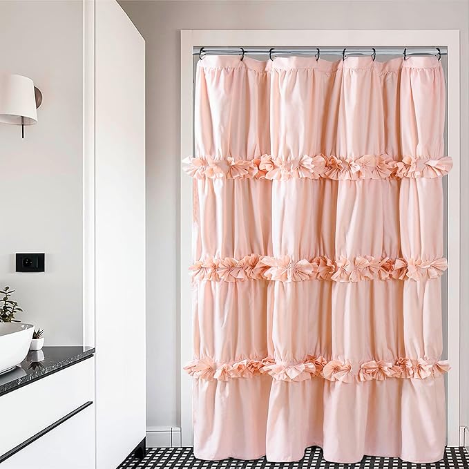 Peach Pink Ruffle Shower Curtain, Vintage Handcrafted Bow Tie Bath Curtain for Master Bathroom, Ruched Microfiber Bathroom Curtain with 8 Buttonholes, 48" W x 72" H (LQ-10)
