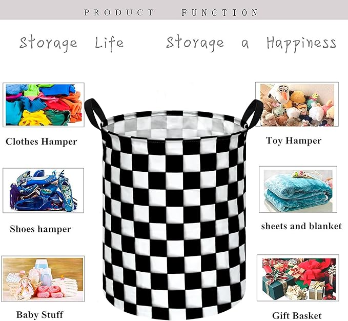 KUNRO Round Black-white Checker Laundry Gift Basket Storage Hamper, Clothes Storage Organizer Bins, Shelf Basket with Handles for Room Decor