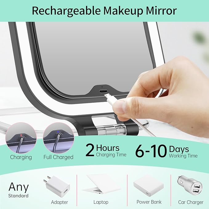 FASCINATE Rechargeable Travel Makeup Mirror 30X Magnification, 7" Lighted Portable Vanity Mirror with 3 Colors Lighting & Stepless Dimming, Double Sided LED Mirror, Gift for Women (Black)