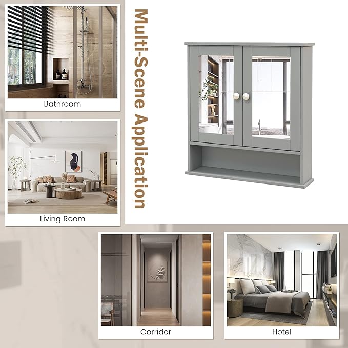 COSTWAY Bathroom Cabinet Wall Mount, Wooden Medicine Cabinet with 2 Mirror Doors, Adjustable Shelf, Open Compartment, for Laundry, Living Room, Kitchen, Gray