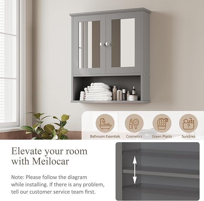 Meilocar Bathroom Wall Cabinet with Mirror, Bathroom Mirror Cabinet Wall Mounted, Over Toilet Medicine Cabinets with Adjustable Shelf, Large Capacity, Grey