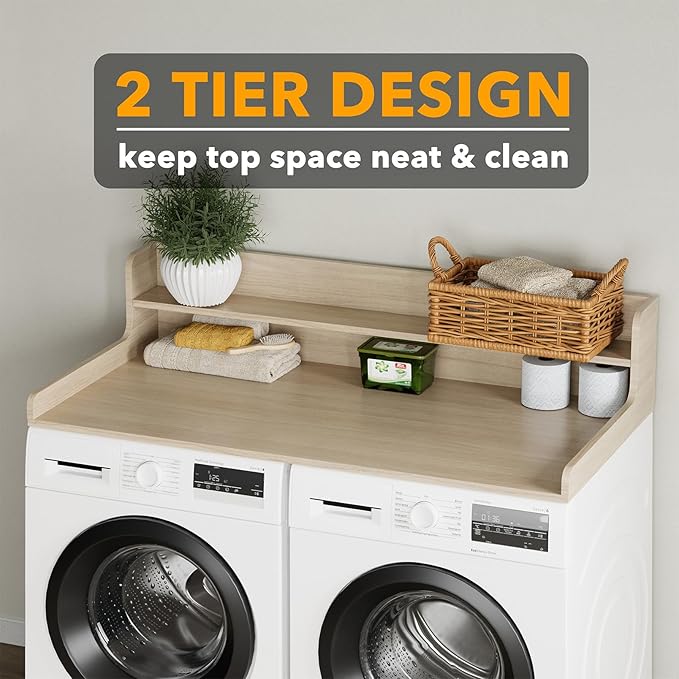 SpaceAid Washer Dryer Countertop with 2-Tier Shelf, Wood Topper with Edge, 54" Width x 27.5" Depth Cover Organizer Guard for Washer and Dryer Counter Laundry Hamper Storage (Oak)