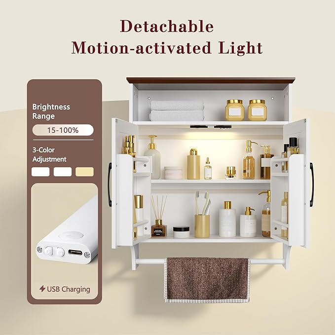 VECELO Bathroom Wall Cabinet with Motion Sensor LED Light, Farmhouse Medicine Cabinets with Open and Hidden Storage Space, Wall Mounted Storage Cabinet with Towels Bar for Bathroom, Kitchen, White