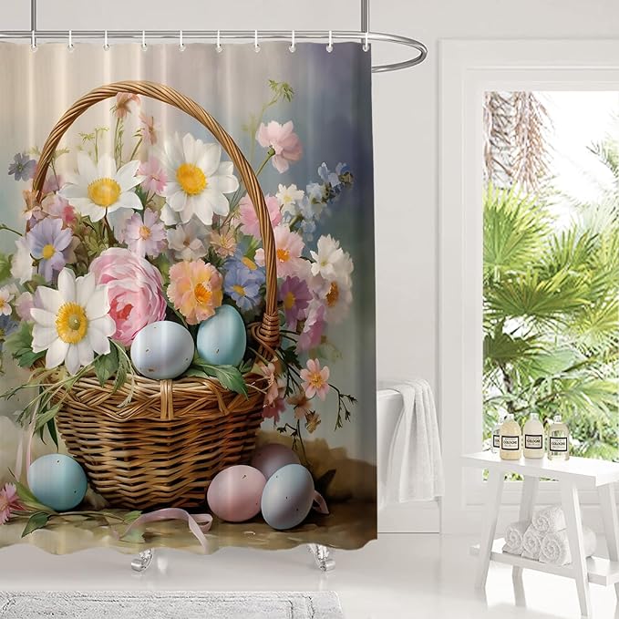 Shrahala Basket Flowers Eggs Decorative Shower Curtain, A Basket Filled with Flowers and Eggs Bathroom Décor Polyester Fiber Waterproof with Plastic Rings for Shower Stall Bathtubs 72 X 60 in
