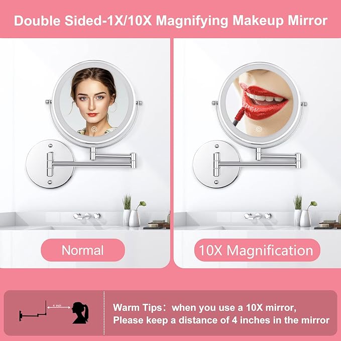 8" LED Wall Mounted Makeup Mirror, 1X/10X Magnifying Vanity Mirror with 3 Color Modes, 2000mAh Rechargeable 360° Swivel Extendable Arm, Polished Chrome for Bathroom Makeup, Shaving, Skincare