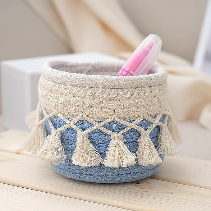 MSUIINT Macrame Makeup Brush Holder Organizer, Brushes Mini Storage Basket, Hand Woven Cotton Rope Basket, Boho Decor Baskets for Comb Cosmetics Pen Pencil Container (C)