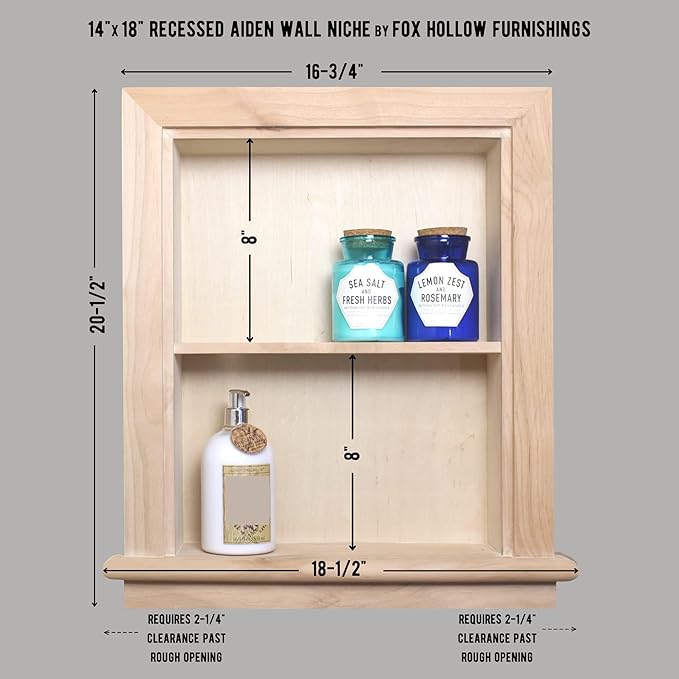 Fox Hollow Furnishings 14x18 Aiden Recessed Wall Niche Medicine Cabinet Replacement, in The Wall Bathroom Cabinet Insert Shelf/Shelves, Made in North America, Real Wood, NO MDF, Plain, Unfinished