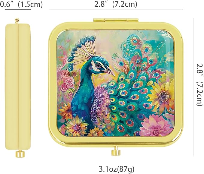 Mini Folding Mirror Square Compact, 2.8 in Small Portable Travel Makeup Mirror for Purse, Women Girls Travel Daily Use Gold Peacock