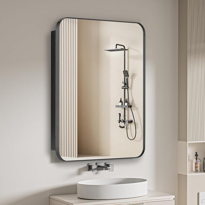 Bathroom Medicine Cabinet with 16"x26" Stainless Steel Framed Mirror,Recessed or Surface Mounted Bathroom Mirror Cabinet,Storage Cabinet for Bathrooms, Guest Rooms, Apartments, Farmhouse Decor