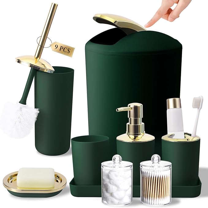BSSN Green Bathroom Accessories Set, Luxurious 9-Piece Bath Decor Set with Trash Can, Toilet Brush, Gold Pump Soap Dispenser, Multi-Slot Toothbrush Holder, Qtip Jars, Vanity Tray and Tumbler