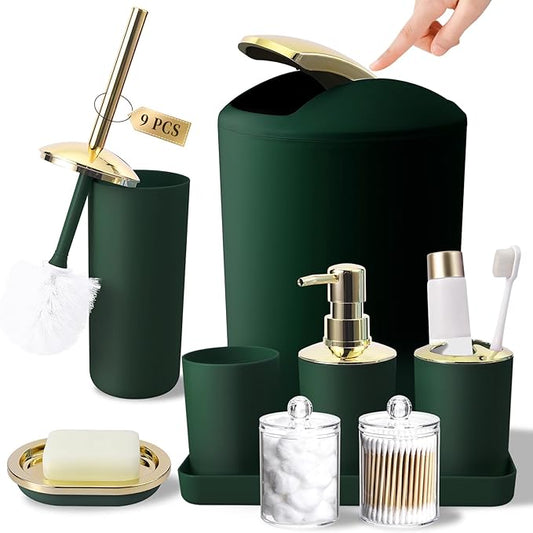 BSSN Green Bathroom Accessories Set, Luxurious 9-Piece Bath Decor Set with Trash Can, Toilet Brush, Gold Pump Soap Dispenser, Multi-Slot Toothbrush Holder, Qtip Jars, Vanity Tray and Tumbler