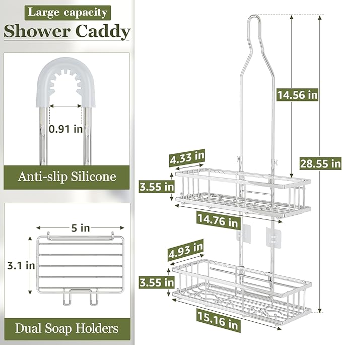 Skyapex Shower Caddy Hanging: Adjustable Height, Rustproof Shelves with Hooks, 2 Soap Holders - Silver Shower Organizer Over Showerhead