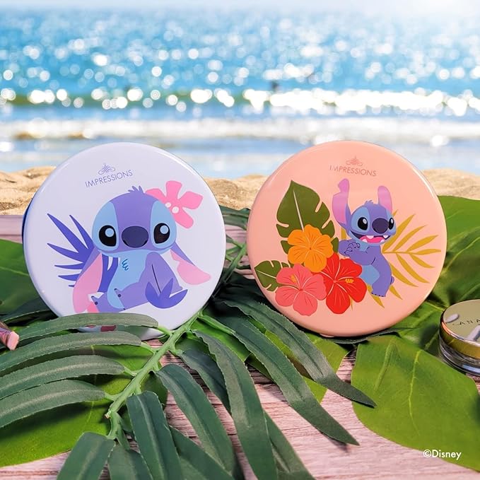 Impressions Vanity Disney Stitch Compact Mirror with Light, Double Sided Cute Travel Makeup Mirror with Magnification, Daylight LED Lighting, Adjustable Brightness, and Touch Control (Coral)
